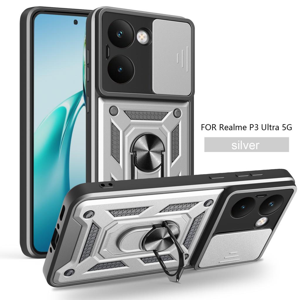 Für Realme P3 Ultra Hülle Realme P3 Ultra Cover Magnetischer Ringhalter Rüstungs-Handyhülle Schiebekamera-Schutz Rückseite