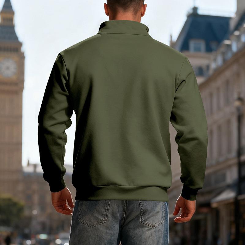 Men's Casual And Trendy American- Fleece Heavy-duty Loose Hoodie, Men's Warm Stand-up Collar Semi-pull Connection Solid Color Sports Hoodie