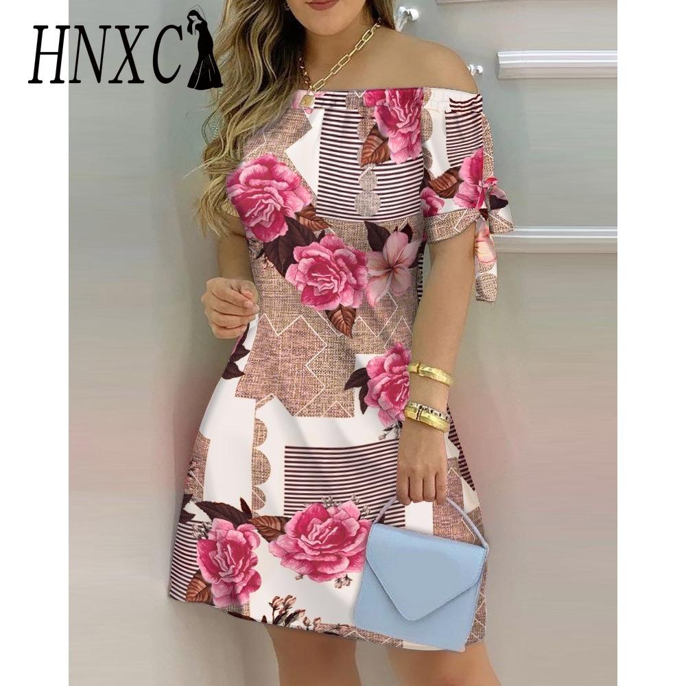 HNXC Women Fashion Off Shoulder Dress Short Sleeve Bow Tie Print Dresses Summer Beach Dresses Plus Size