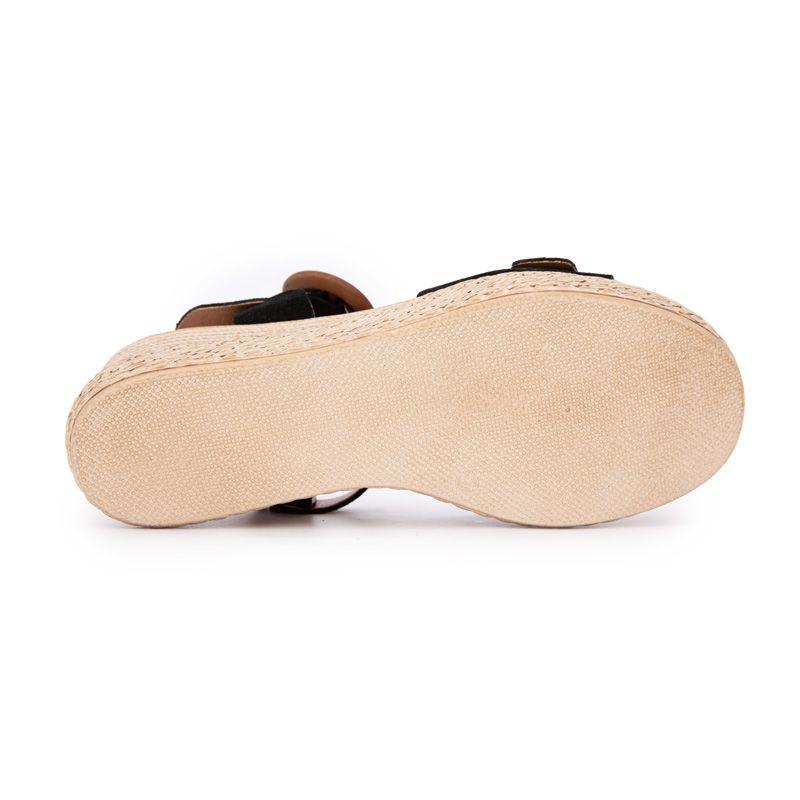 Sandales noires compensées en cuir double boucle bois Femme BIOSTOCK