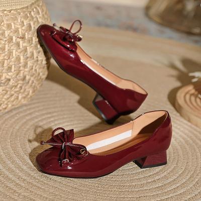 Fashion Patent Leather Ladies Summer Autumn Footwear Square Toe Cute 3cm Low Heel Elegant Bow Shoes for Women Office Lady Pumps Comfort