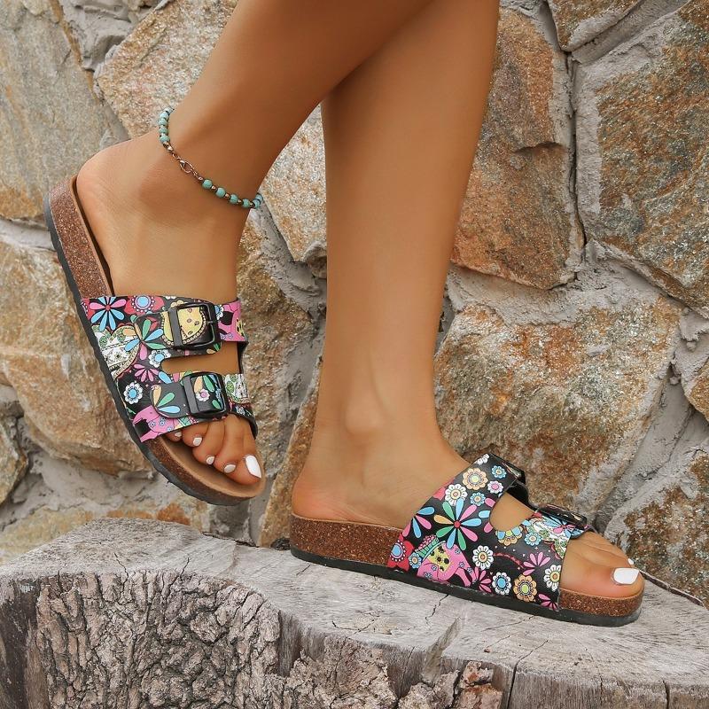 Fashion 2025 Brand Ladies Shoes Open Toe Women's Slippers Fashion Belt Buckle New Printing Summer Plus Size Outdoor Flat Slipperszapatos