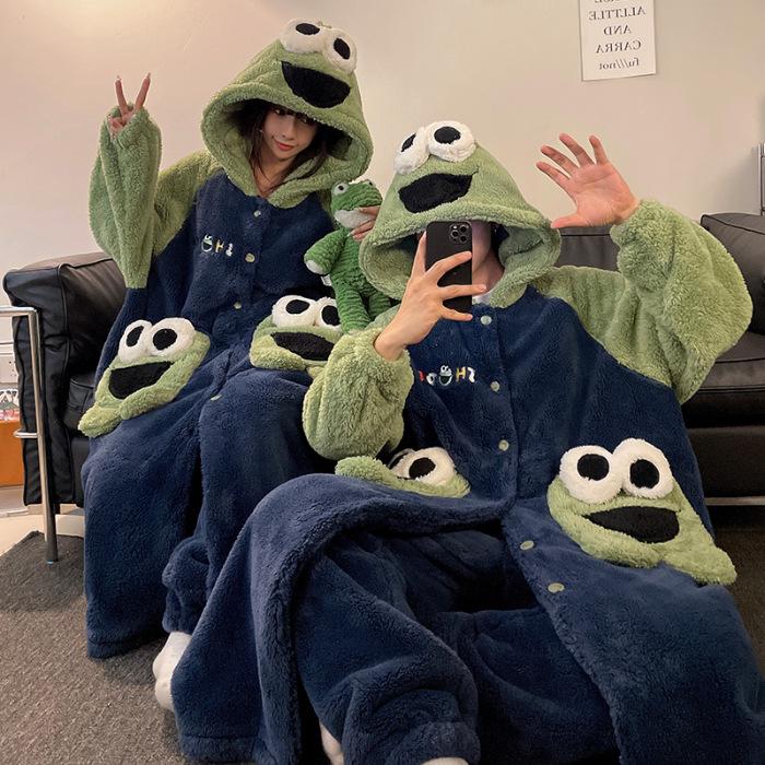 Winter Panda-Pyjama-Set für Paare: Korallfleece Damen Nachthemd & Herren Flanell Homewear