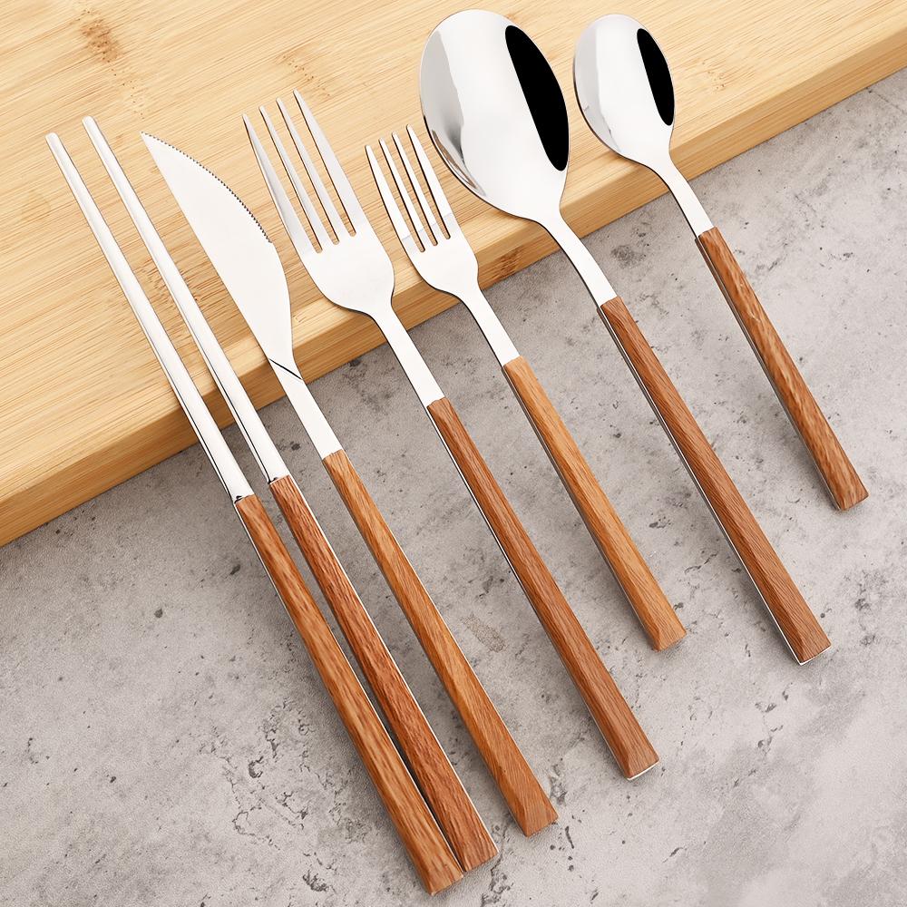 6Pcs Wood Handle Cutlery Set Steak Knife Fork Tea Spoon Chopsticks Dinnerware Stainless Steel Tableware Western Kitchen Flatware