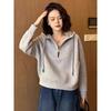 Women's Spring/Fall Gray Half-Zip Hooded Sweatshirt Loose-Fit, Casual, Cropped Top