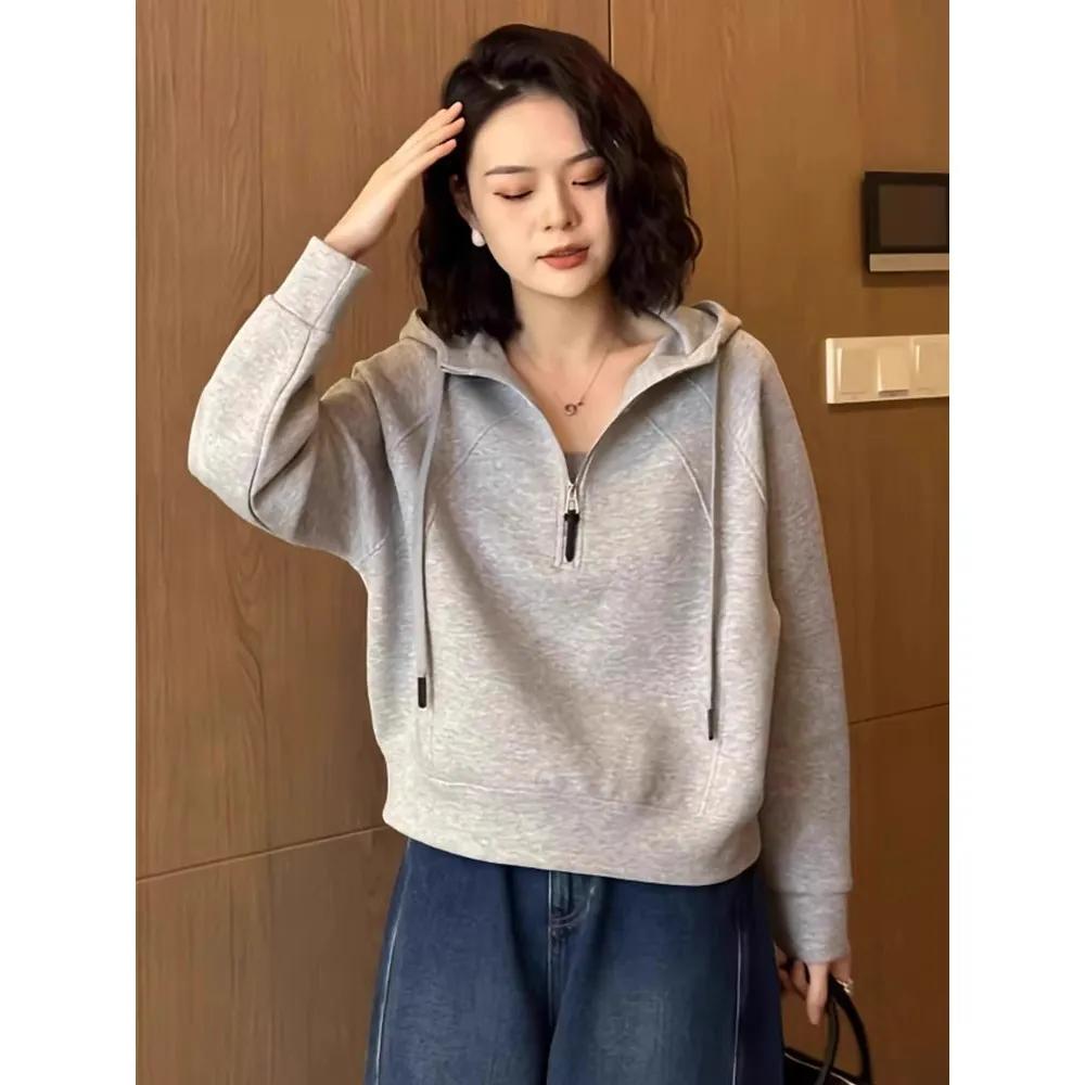 Women's Spring/Fall Gray Half-Zip Hooded Sweatshirt Loose-Fit, Casual, Cropped Top