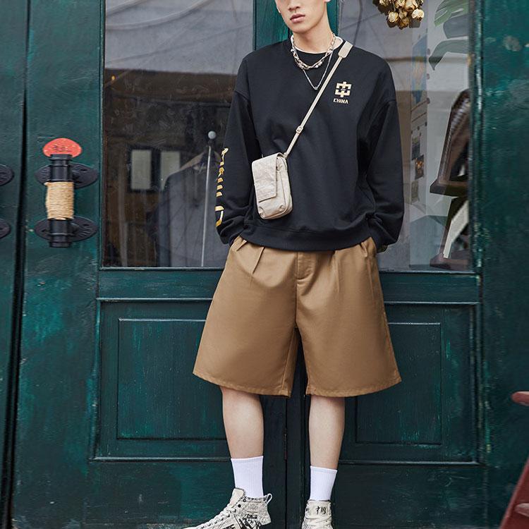 Li Ning Sports Lifestyle Series Fleece Letter Print Loose Round Neck Pullover Sweatshirt Unisex sweatshirt Black AWDRB78-6