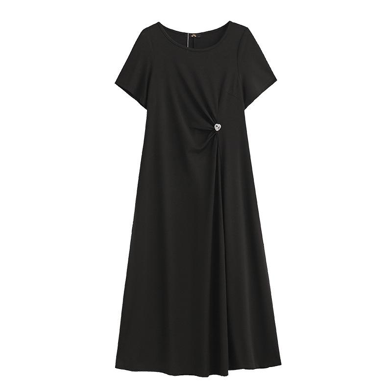 A New Solid Color Pleated Diamond-encrusted Dress for Plus-size Women's Summer, A Simple Short-sleeved Little Black Dress