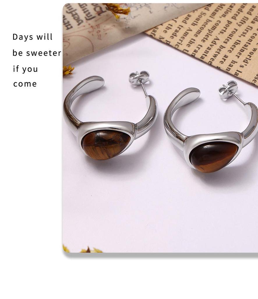 Retro Europäische & Amerikanische C-förmige Tigeraugenstein-Ohrringe mit Edelstahlring, PVD-beschichteter Schmuck.