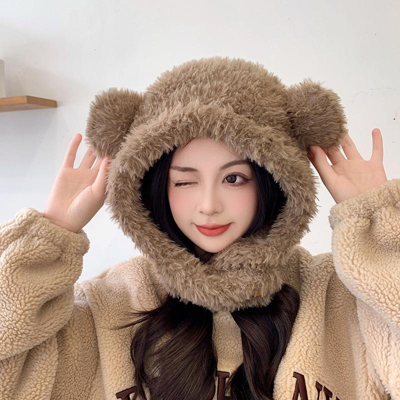 

Плюшевая балаклава для женщин на осень и зиму, большой окружности головы, теплая шапка для женщин, вязаная шапка с медвежьими ушками для защиты ушей, шапка-ушанка M（56-58cm）