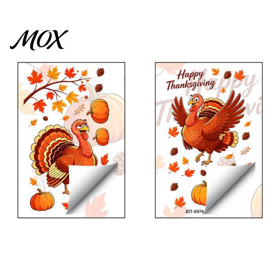 Removable Glass Art Decals Thanksgiving Static Window Clings, Cartoon Double Turkey Pumpkin Maple Leaf No?Glue Autumn Decals, Waterproof Stickers