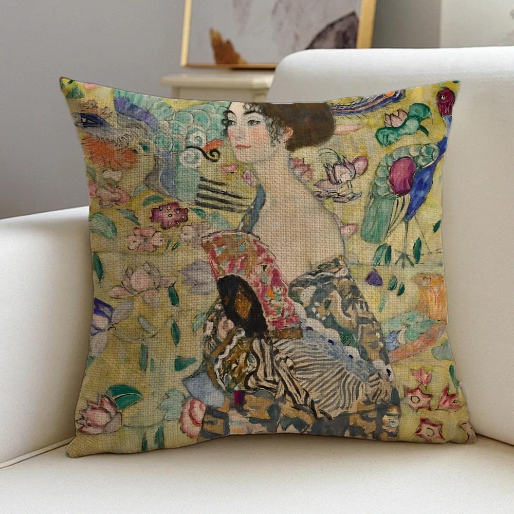 Cushion Cover Cushion Cover Pillowcase, Anti-Mite Invisible Zipper, Linen Sofa Cushion G-Gustav K-Klimt Oil Painting