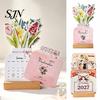 Monthly Planner For 2027 Flower Desk Calendar, English Tabletop Calendar with Wooden Base, Floral & Cat Decorative for Office Home Desktop Cute