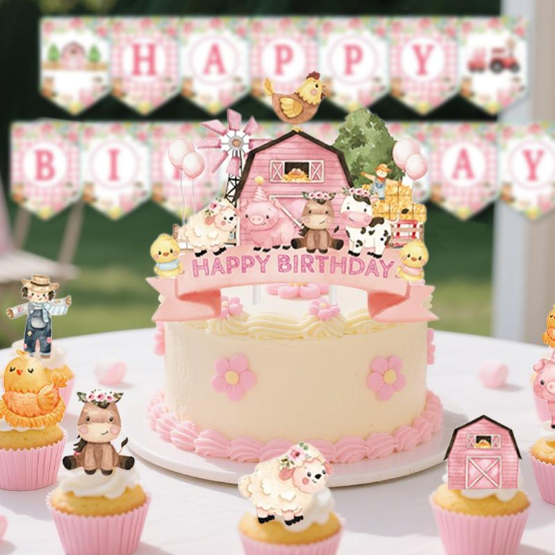 Pink Farm Ranch Animal Birthday Party Cow Banner Balloon Cake Insert Decorative Set