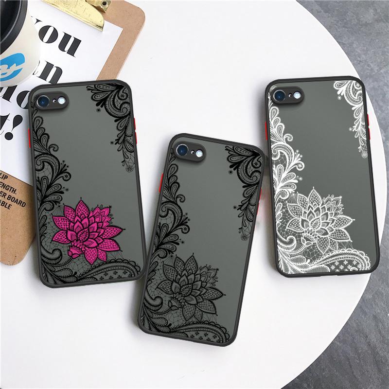 Lace flower pattern Frosted Transparent Hard Back Phone Casing Soft Silicone Edge Full Cover Case for iPhone 16 17 Samsung A16 A53 Redmi 10C 12 Note13