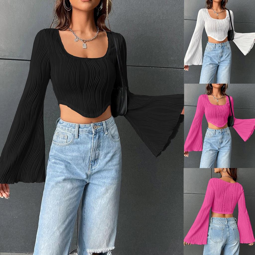 Women's Solid Color U Neck Cropped Flare Long Sleeve T-shirt, Slim Fit Sexy Short Sleeve Top, Fashion Casual Streetwear for Women