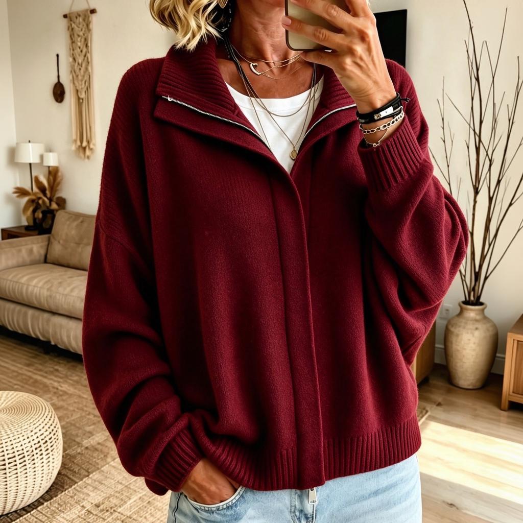 Women's Zip-Up Knit Cardigan with Lapel Collar Loose Fit Color Casual Sweater Jacket