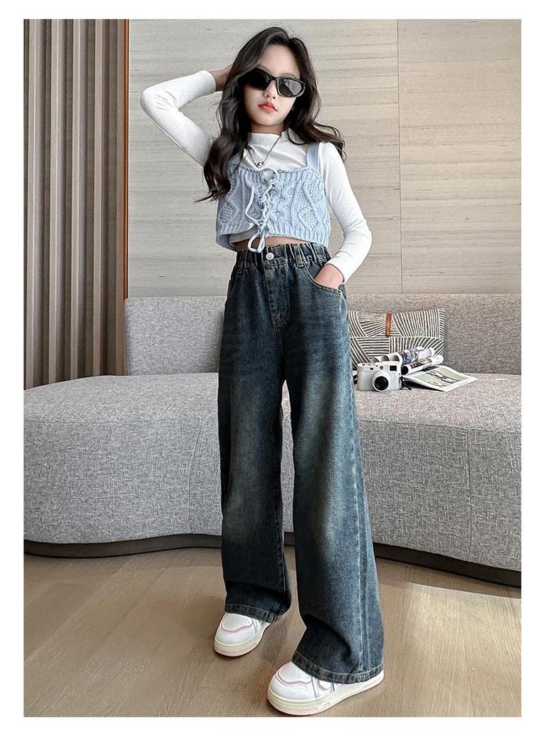 Girls' 2024 Spring & Autumn Fleece-Lined Wide-Leg Jeans - Straight-Leg Style for Winter, Suitable for Middle and Big Children.