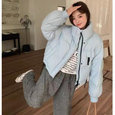 Kurze Daunenbaumwollkleidung für Damen Winter Neu Einfach Stehkragen Weich Wachsig Locker Kleine Brotjacke