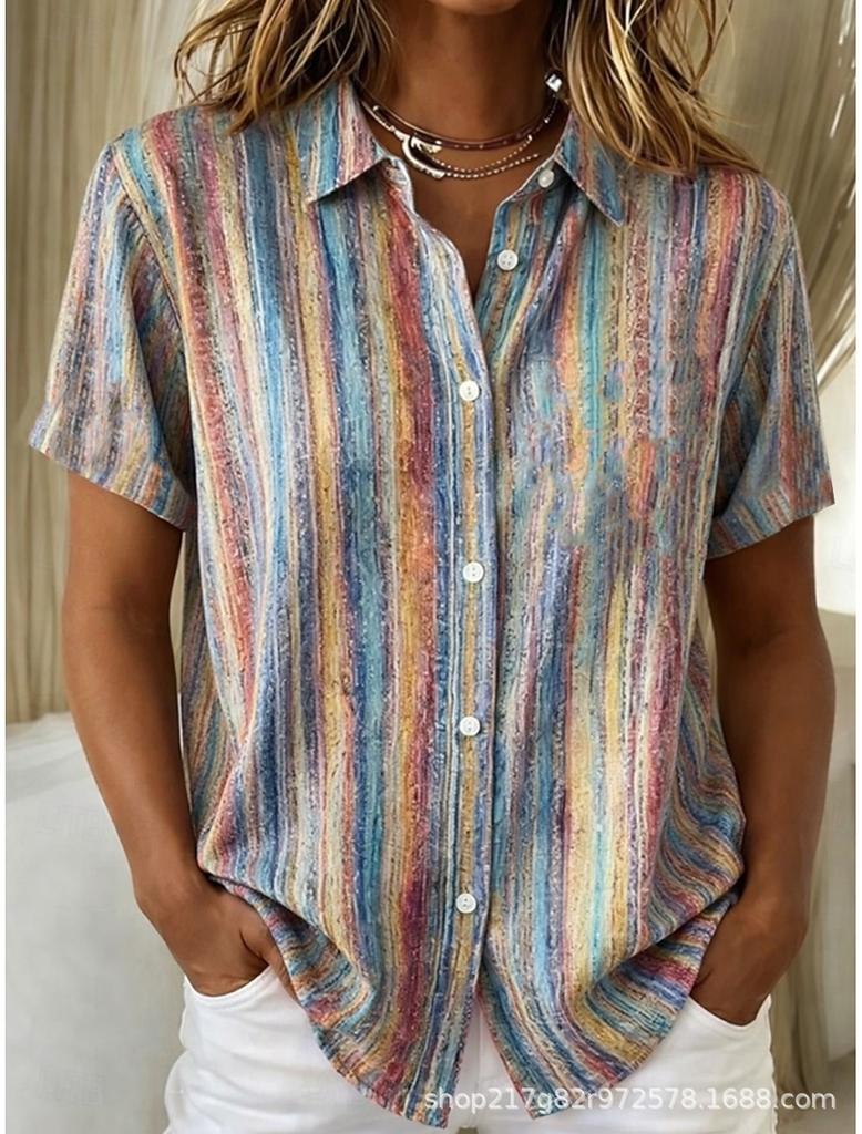 European and American summer hot-selling shirts, short-sleeved women's clothing, printed fashion lapel shirts, tops, casual women's clothing