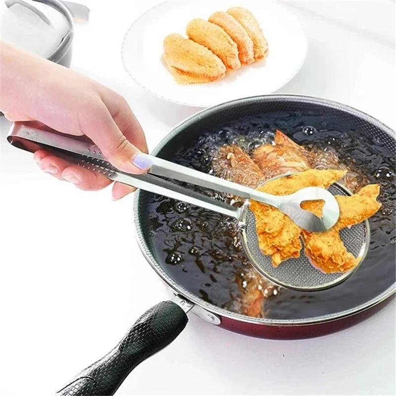 2 in 1 Stainless Steel Oil Strainer Spoon Clip - Kitchen Filter Gadget for Fried Food French Fryer Drain Tool Cooking Accessory