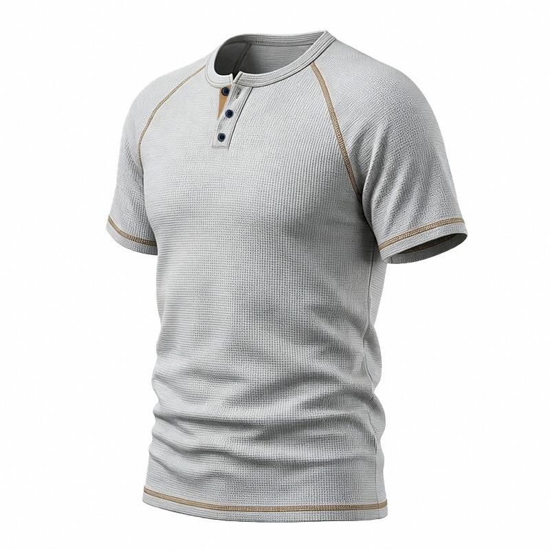 Mens Waffle Henley Collar Raglan Short Sleeve Color Block Casual T Shirt