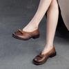 Johnature Echtes Leder Bequeme Schuhe mit niedrigem Absatz Retro Vielseitige Pumps Runde Spitze Damenschuhe