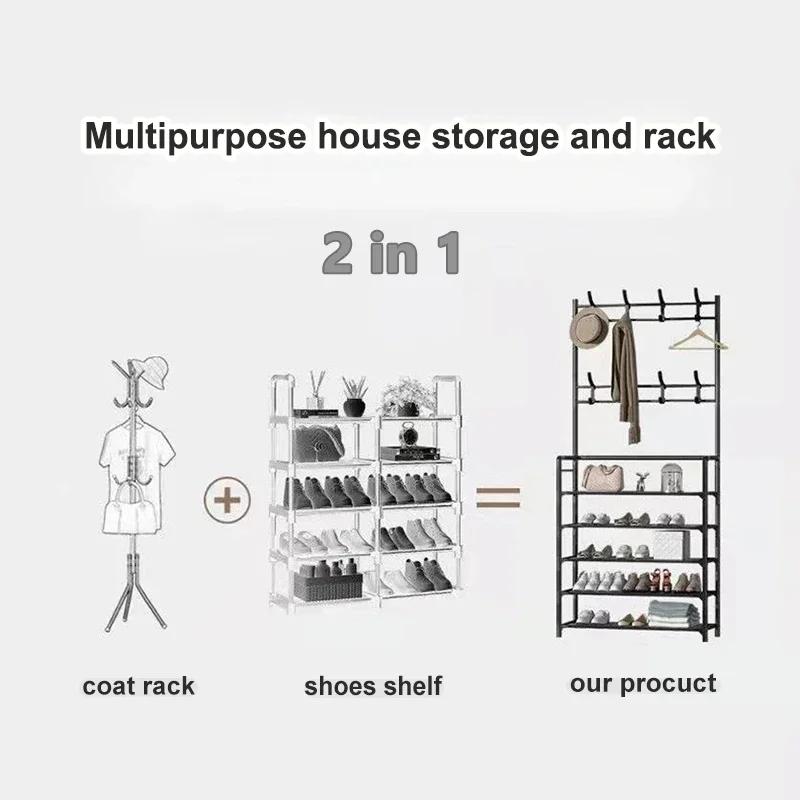 2 In 1 Shoes Clothes Organizer Multipurpose Carbon Steel Coat Rack Space Saving Floor Shoe Shelf Multi-layer Storage Organizer