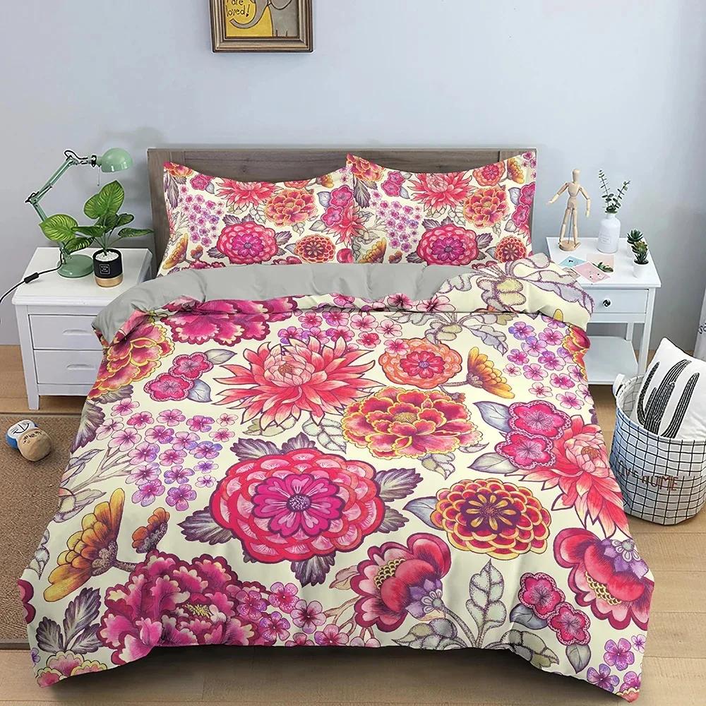 Tropical Flower Leaf Duvet Cover King Queen Colorful Vintage Floral Bedding Set for Adults Women Boho Polyester Comforter Cover