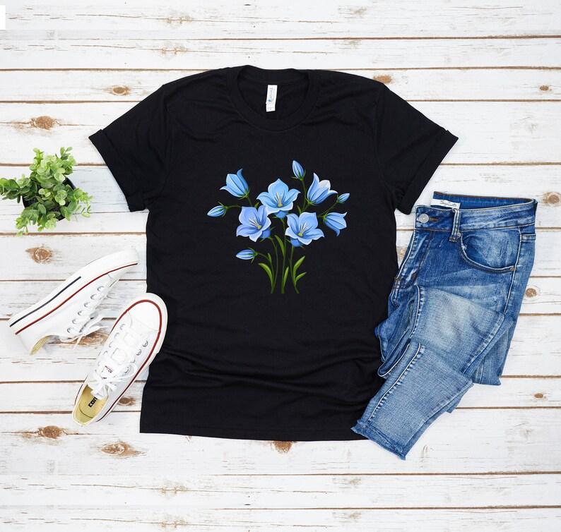 Blue Flowers and Stems Cute Boho Bluebell Flowers Design Harajuku Short Sleeve Tshirt Clothing Street Aesthetic Clothes S