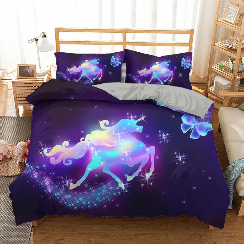 Unicorn Bedding Set King Queen White Pink Unicorn Duvet Cover for Girls Kids Dreamy Cartoon Sparkle Lilac Polyester Quilt Cover
