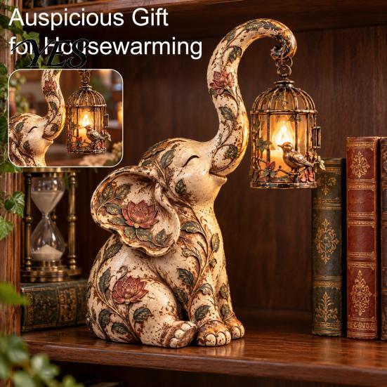 Indoor Atmosphere Lighting Vintage Elephant Lantern, Decorative Light, Resin Retro Table Lamp with Bird Cage Artistic Home Ornament Design for Decor,