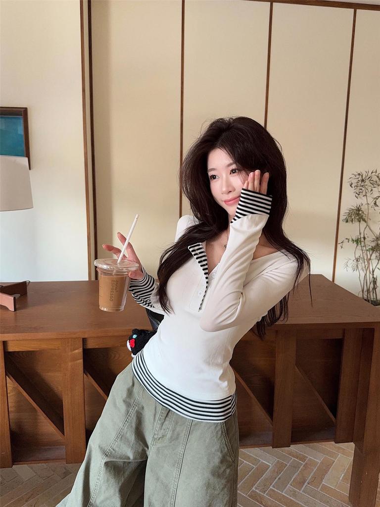 Women's Striped Patchwork Faux Two-Piece Long-Sleeve Shirt - 2025 Autumn Korean Style Slimming Base Layer