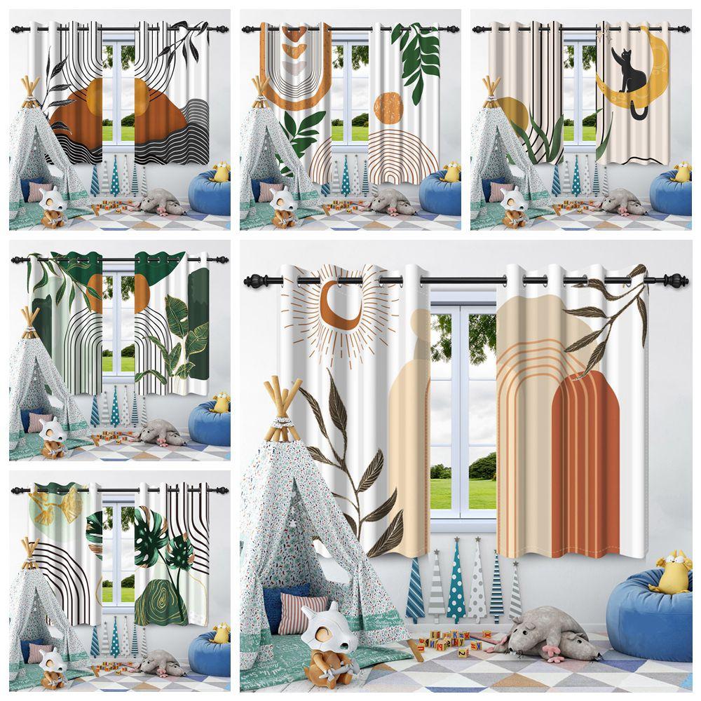 2Pcs Bohemian Style Curtains Plants Leaf Geometric Pattern Blackout Curtains Boho Window Curtain for Bedroom Apartment Decor