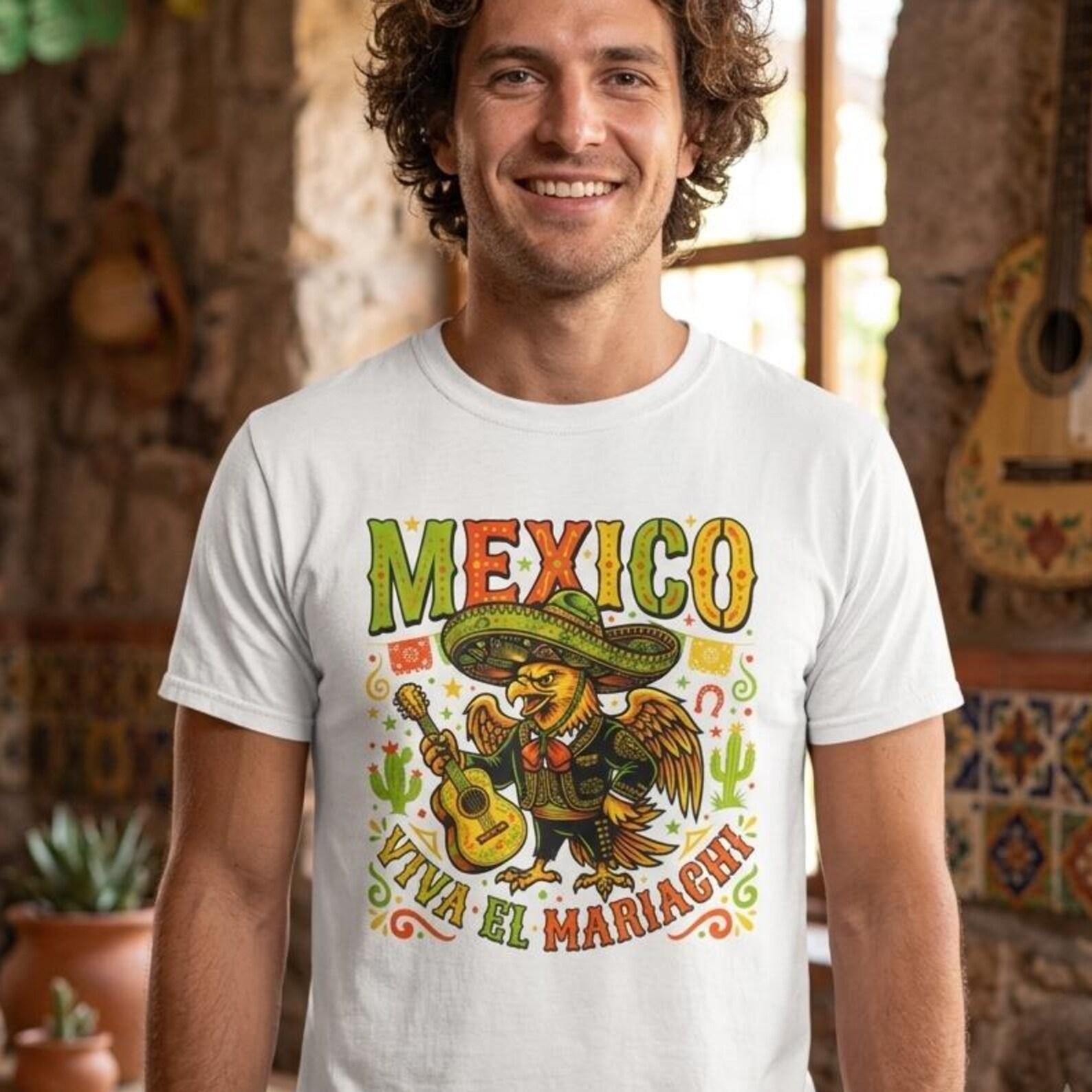 Mexico Mariachi Rooster T-Shirt Viva El Mariachi Sombrero Guitar Graphic Tee L
