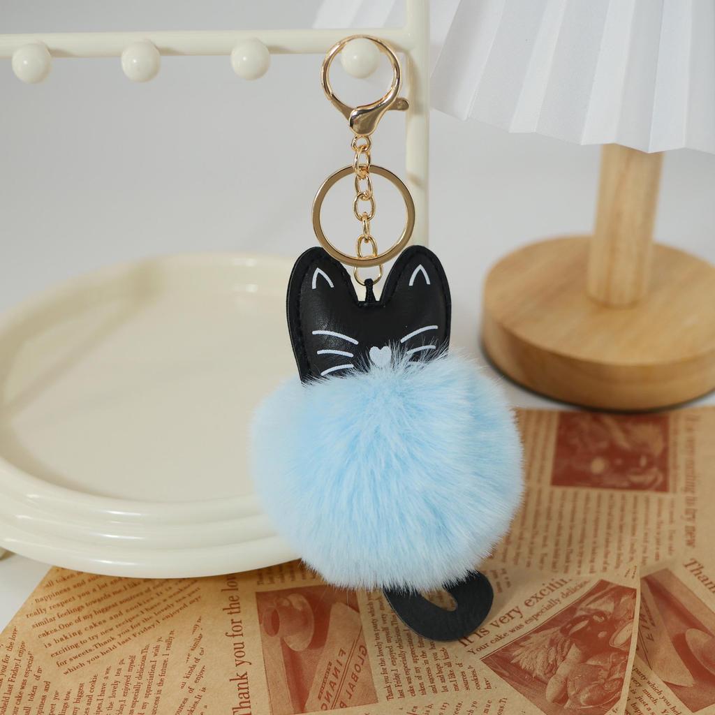 Adorable Black Cat Keychain with Faux Fur Ball Pendant