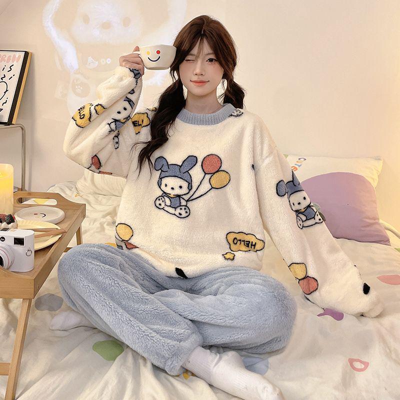 Damski Słodki Kreskówkowy Flanelowy Zestaw Piżamowy - Gruby, Podszyty Polarem i Przytulny na Jesień i Zimę