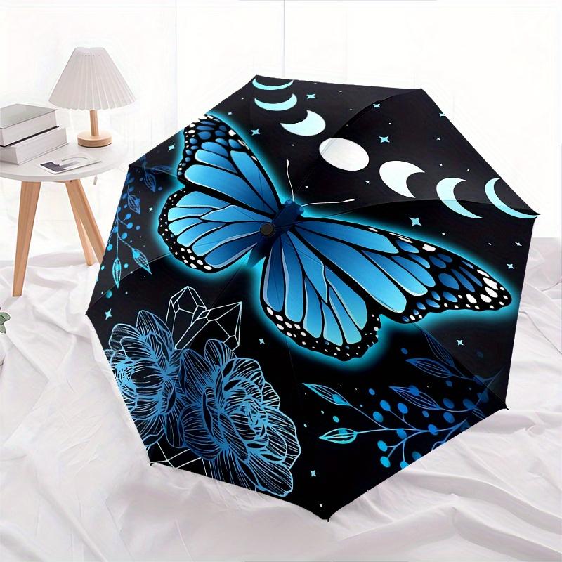 Butterfly, Night Sky Automatic Folding Umbrella 8 Ribs, Durable Iron Frame, Bright Color Pattern Compact Travel Umbrella, Suitable for Outd