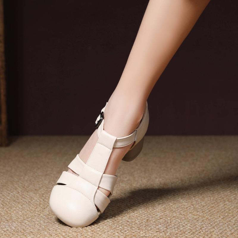 New summer first layer cowhide sandals women's retro sandals with skirt thick heel pig cage shoes