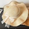 Sun Hat Large Wavy Brim Breathable Summer Straw Hat with Lace Bow Tulip Decor Foldable Portable Travel Hat