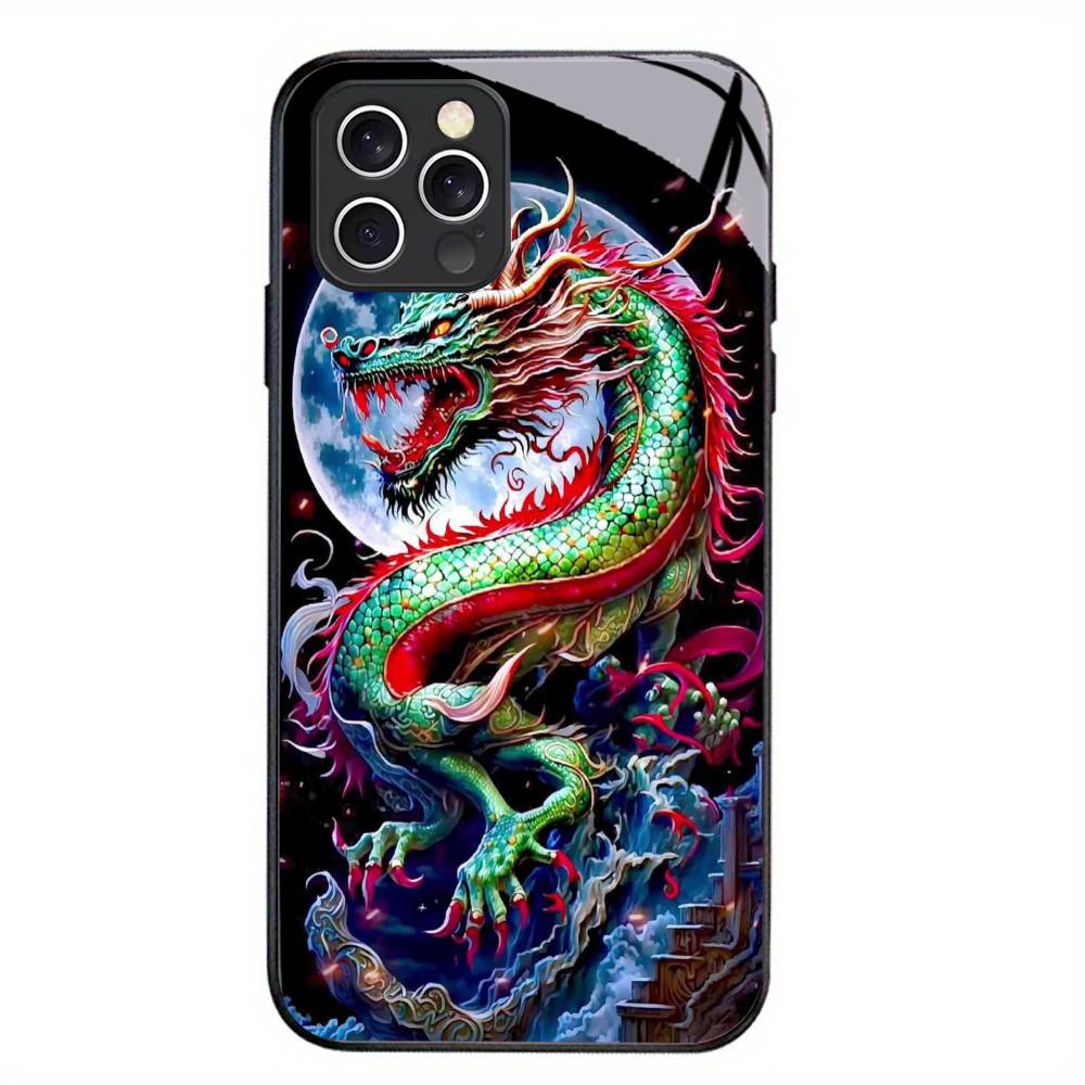 Dragon Black Glass Phone Shell For iPhone 16 Plus 15 Pro 14 13 12 Pro Max Soft Silicone Shock Absorption Drop Proof Shell Case