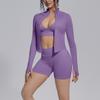 Seamless Yoga Workout Set Zip Jacket Sports Bra V-Waist Shorts Leggings Gym Fitness Outfit