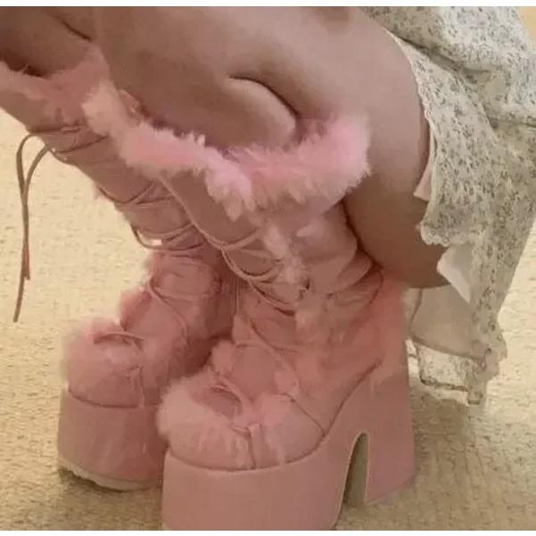 New Winter Women Snow Boots Platform Wedge High Heel Faux Fur Lady Shoes Female Plush Warm Non-slip Mid Calf Boots Goth Shoes