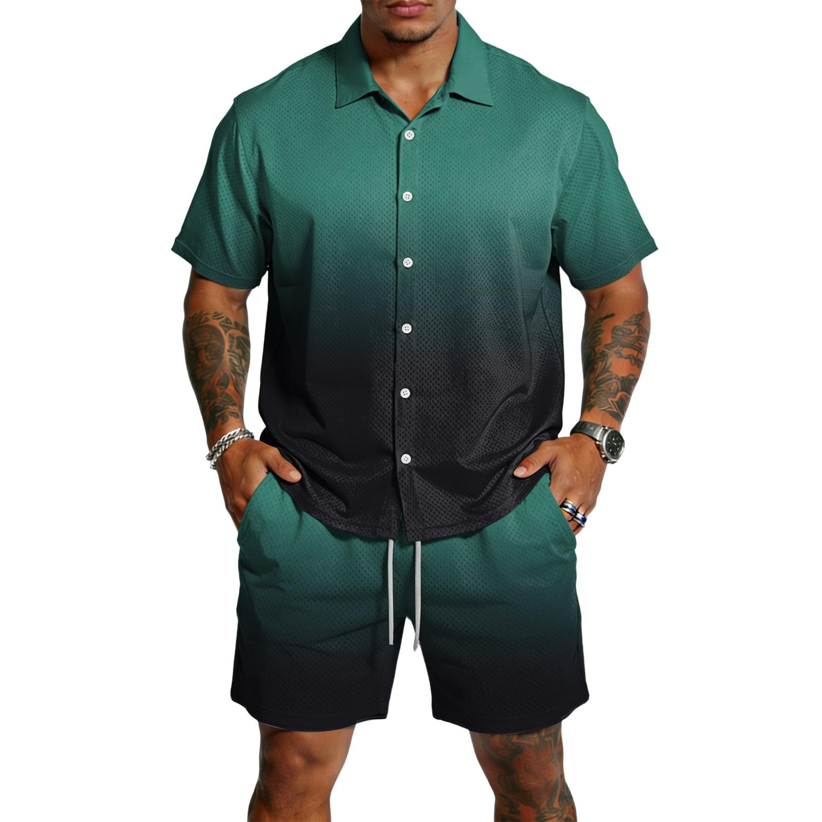 

Men s Casual Lightweight Breathable Short-Sleeve Shirt And Shorts Set XL небо синє кольору