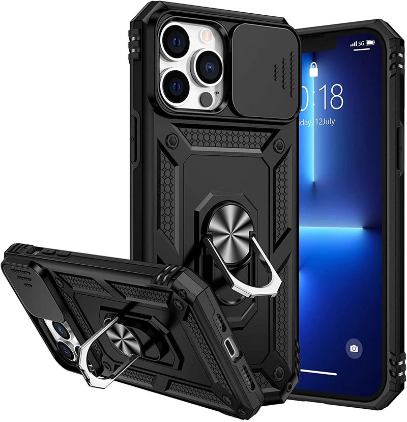 

Броньований чохол-підставка військового класу для IPhone 16 15 14 13 12 11 Pro Max Plus 15Pro i15, магнітний тримач для авто з висувною кришкою камери For iPhone 11 Pro чорний