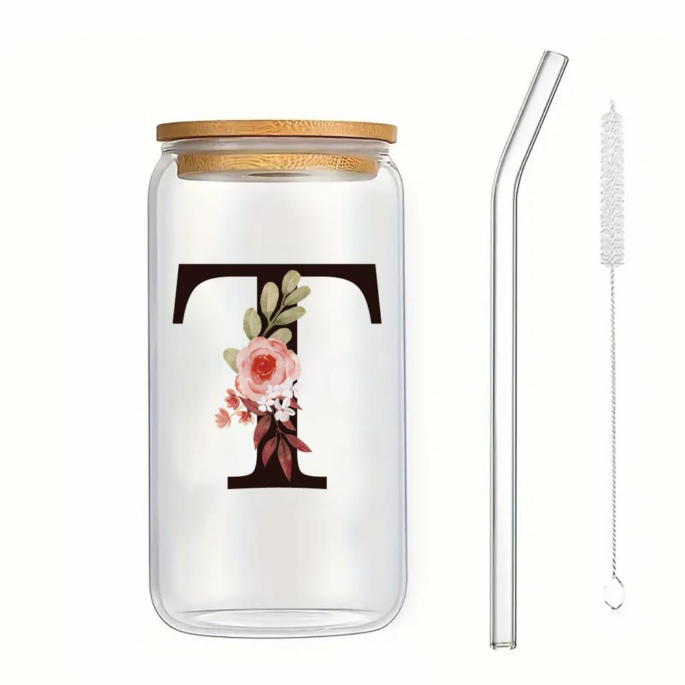 500ml Buchstaben Blume A-Z Kaffeetassen Büro Zuhause 16OZ Glastasse mit Bambusdeckeln & Strohhalm Geburtstags- Valentinstagsgeschenke Tasse Frauen