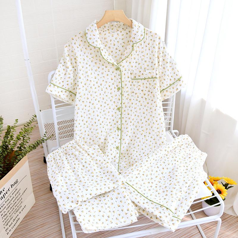 100% Cotton Gauze Women Pajama  Summer Women's Pajama Set Short Sleeved Long Pants 2 Piece Summer Sleepwear Homewear