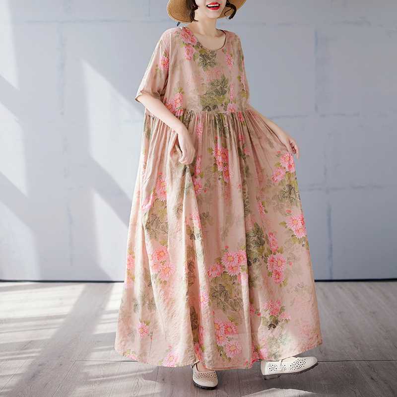 Simple and Fashionable Long Skirt Summer Short Sleeved Round Neck Printed Dress