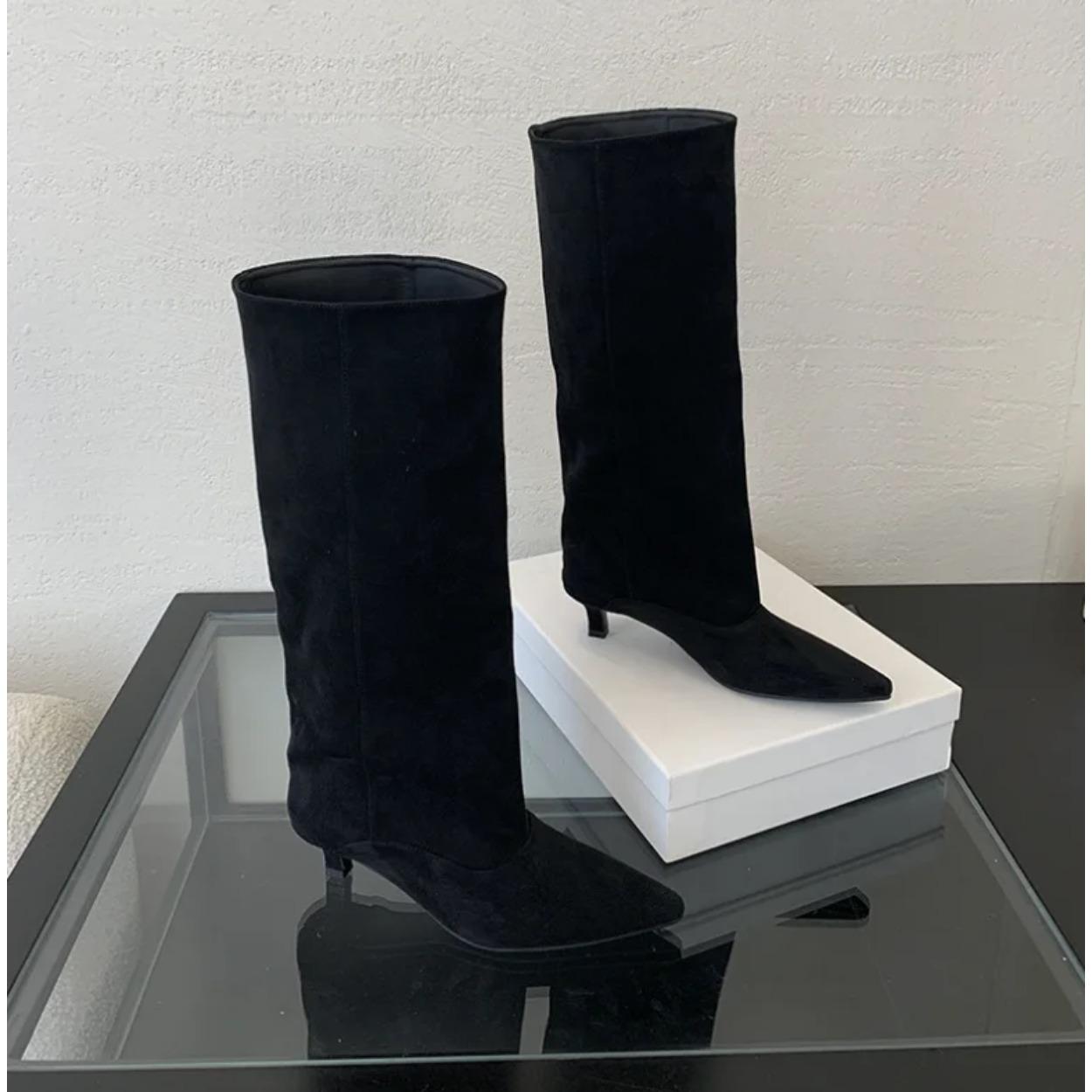 

Осень Зима Сексуальные Женские Замшевые Сапоги до Колена Уличный Стиль Острый Носок Низкий Каблук Ковбойские Женские Туфли Длинные Боты Простой Комфорт 40