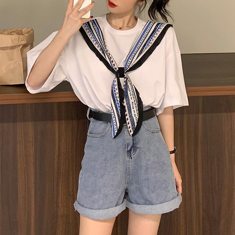 

Женский дизайн из двух частей с коротким рукавом в корейском стиле, шаль с рукавом до локтя, белая футболка, летний милый топ XXL белый